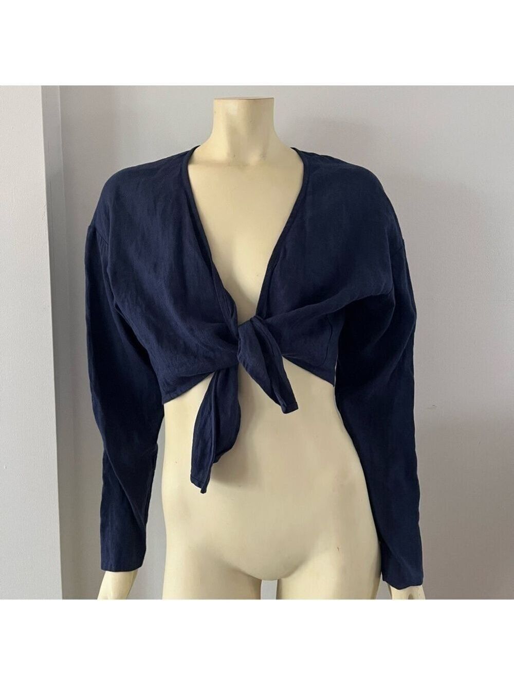 Love & Confuse THEA Linen Tie Front Crop Top Long Sleeve Linen Blouse Navy S